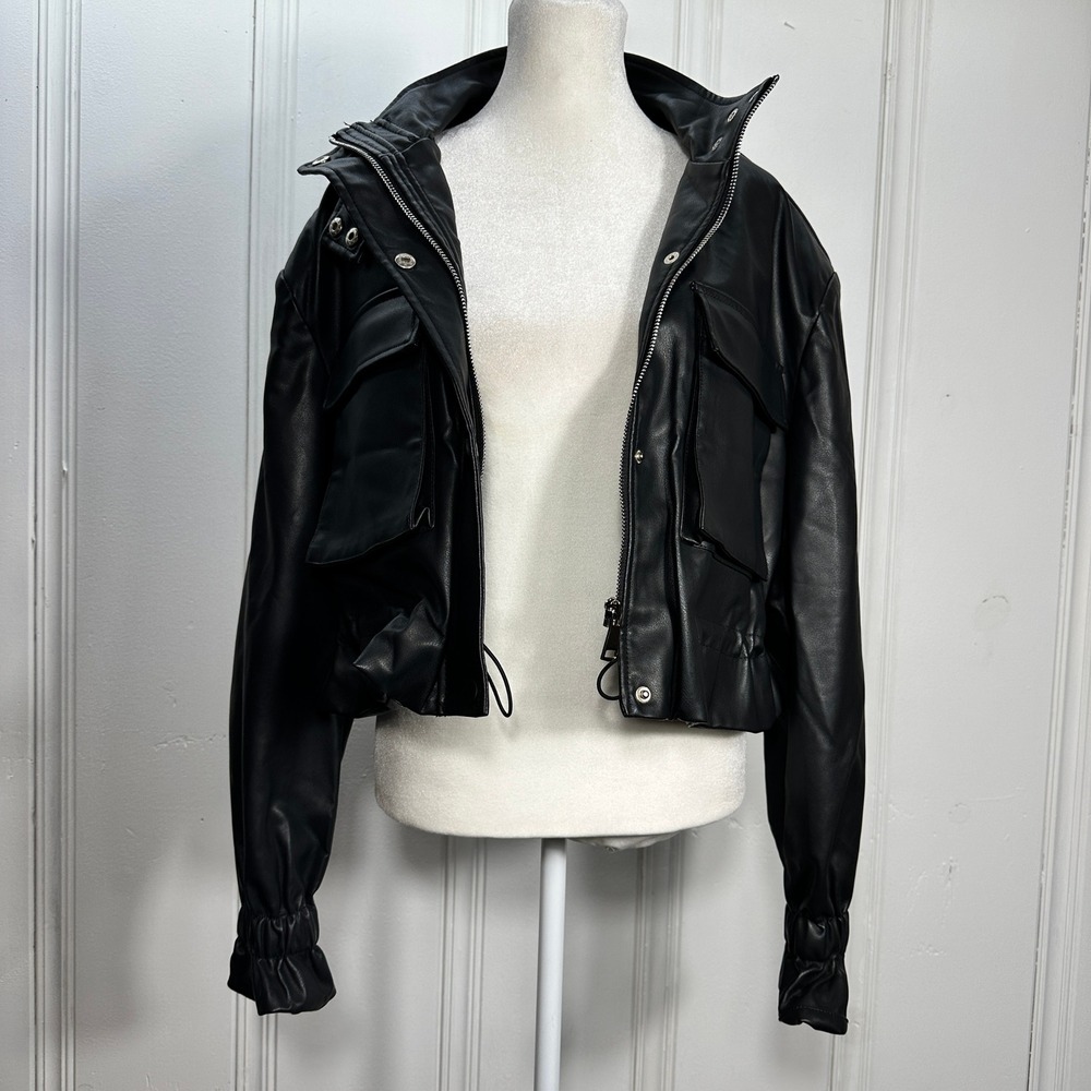 Azalea Wang Faux Leather Jacket Womens Large Black Excellent Cropped Utility - Picture 4 of 16
